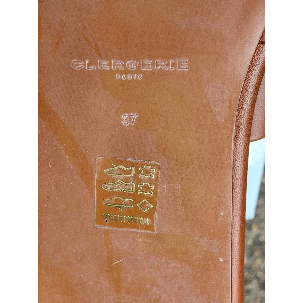CLERGERIE PARIS‎ Ezy Cognac Leather Flat Slide Sandals Square Toe Size 37 NEW